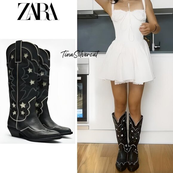 BLOGGER'S FAVE! Zara Star Leather Cowboy Boots NWT - Picture 1 of 17